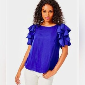 Lilly Pulitzer Ana Short Sleeve Flounce Top Satin Blouse Blue Large